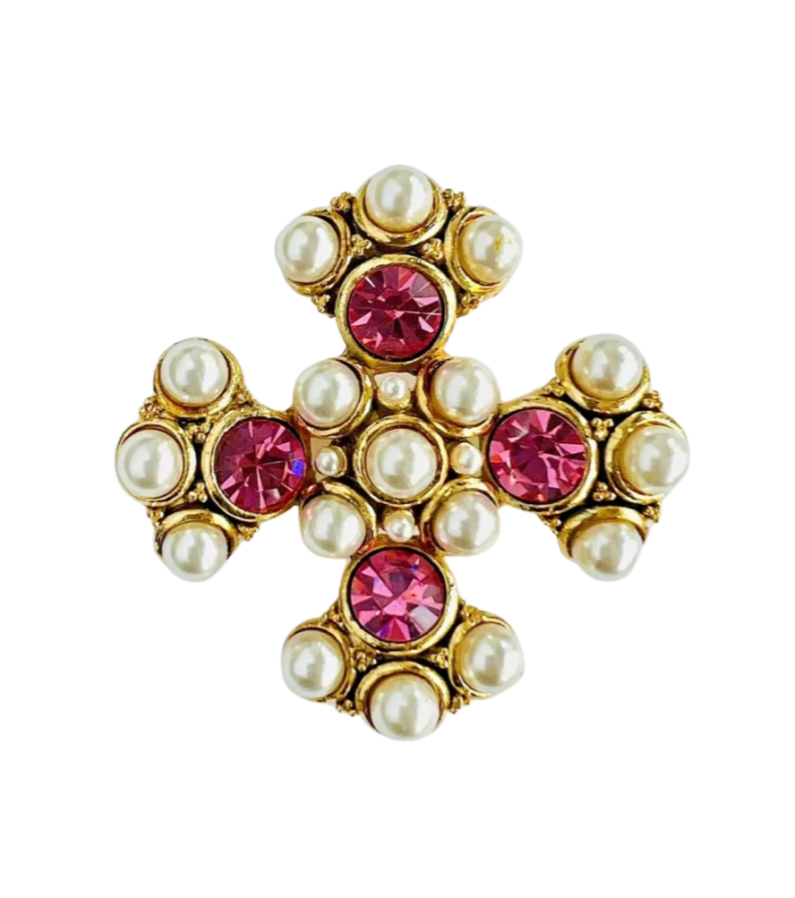 1990s Faux Pearl and Swarovski Maltese Cross Brooch