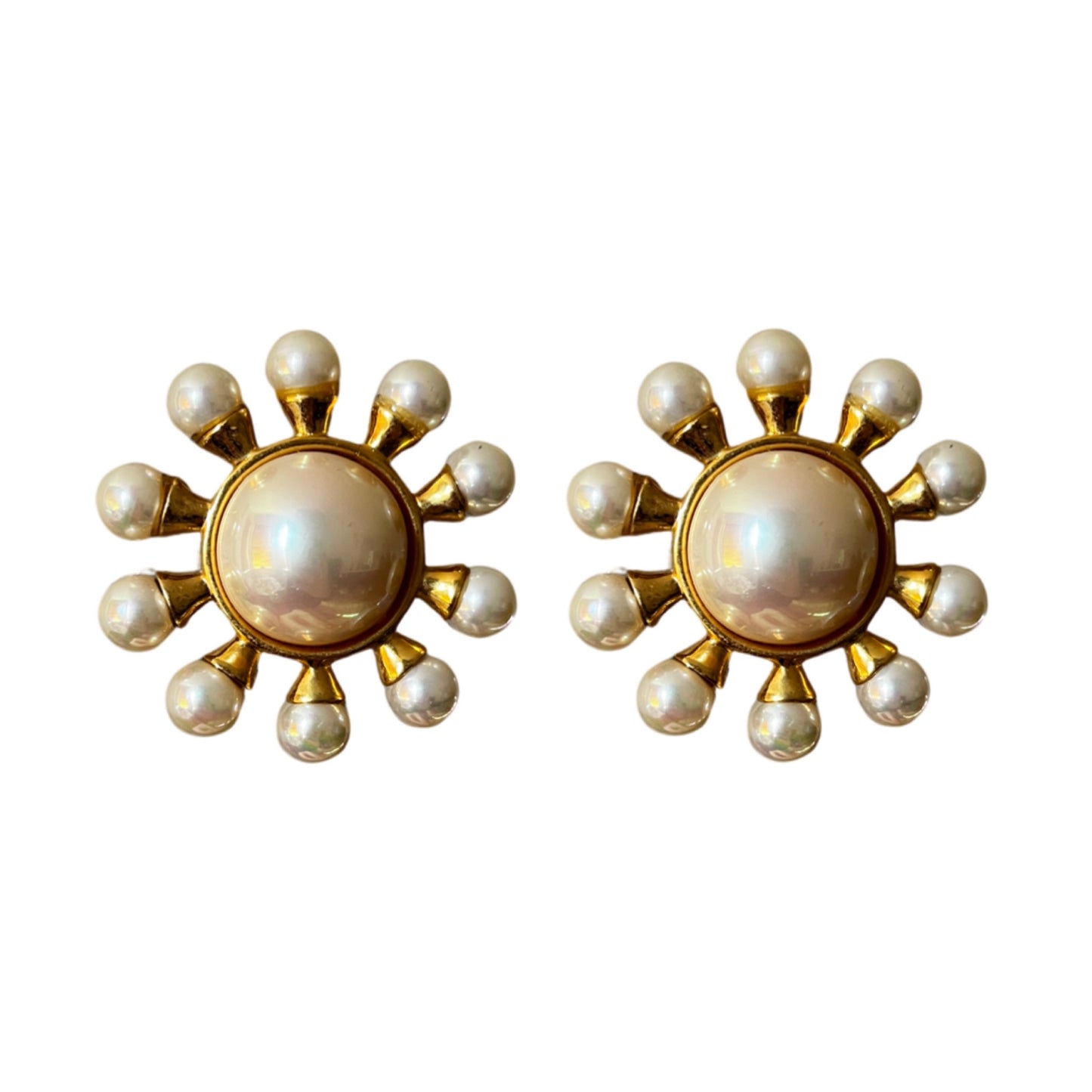 1980s Faux Pearl Sunburst Earrings - Clip on