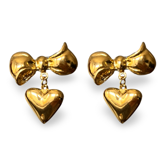 1990s Gold Plated Bow & Heart Earrings - Post