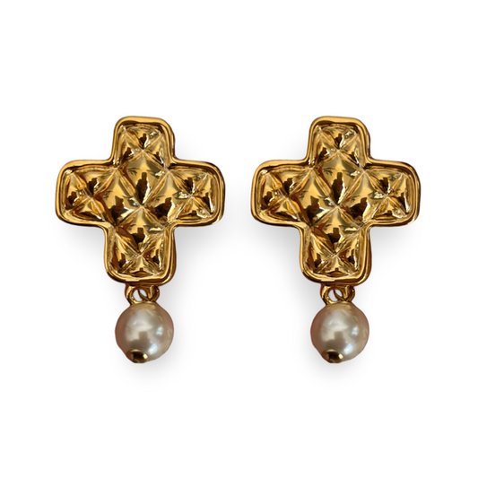 1990s Vintage Quilted Cross Earrings  - Post