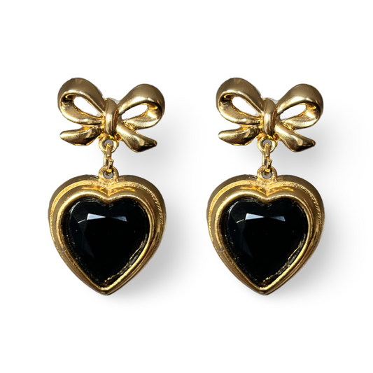 1990s Sphinx Gold Plated Bow & Black Heart Earrings - Post