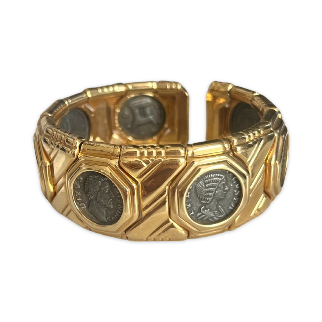 90s Cabouchon Gold Plated Coin Cuff Bracelet