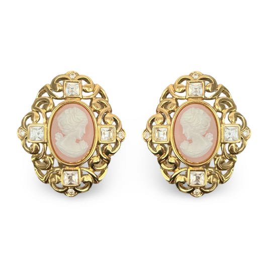 1980s Gold Plated Cameo Earrings - Clip