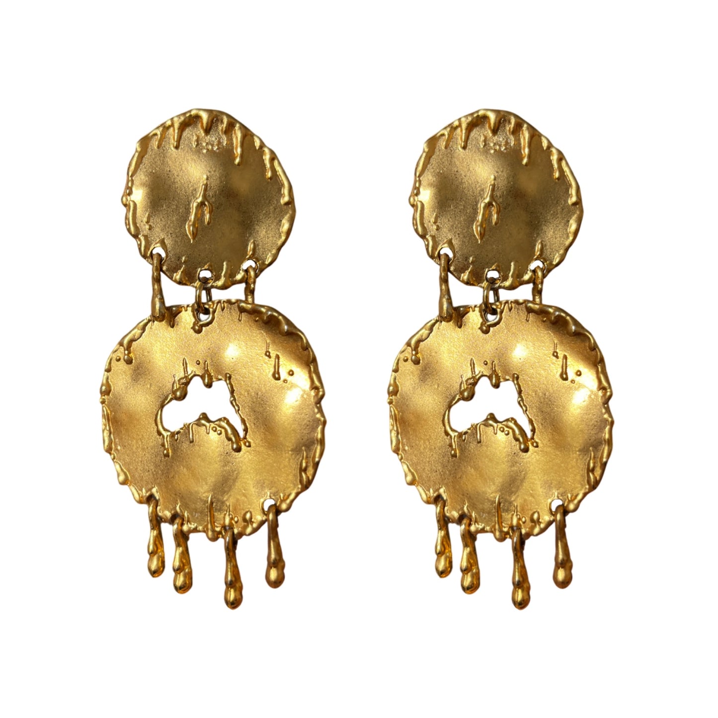 1990s Sphinx Brushed Gold Drip Earrings - Clip On