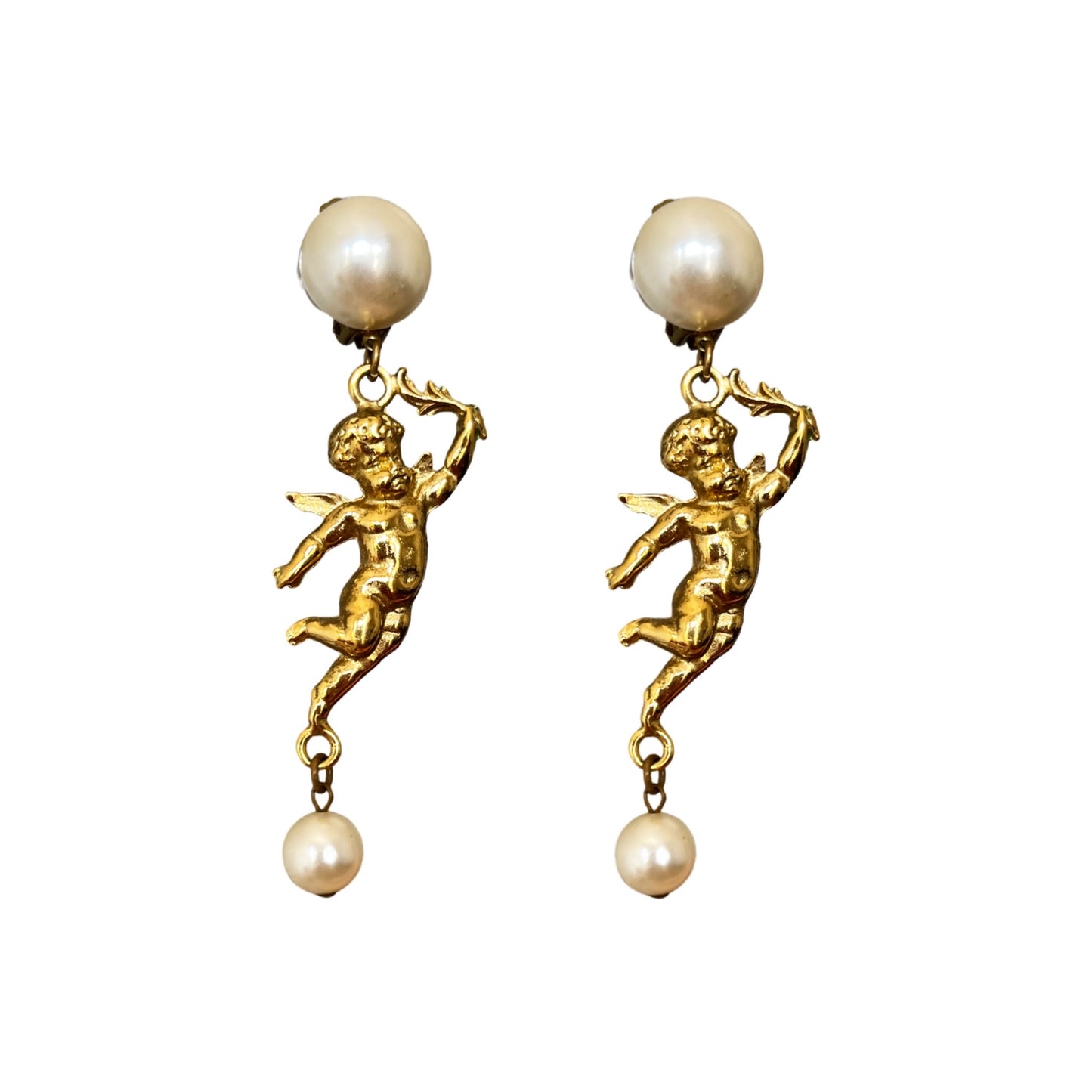 1980s Faux Pearl Cherub Earrings - Clip On