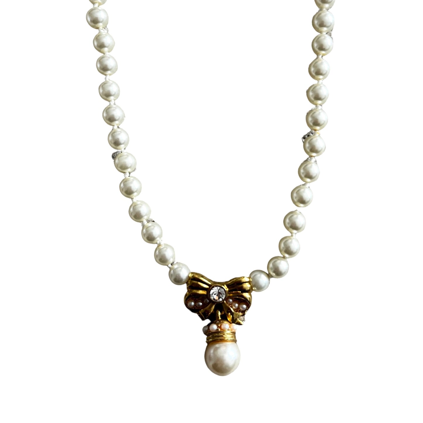 1980s Bow and Faux Pearl Drop Necklace - Post