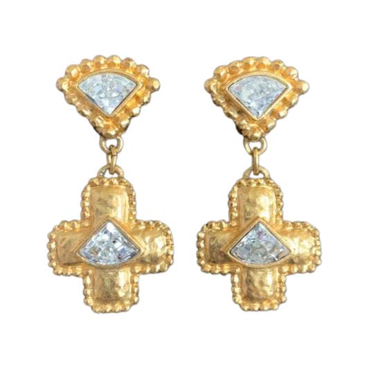 1980s Vintage Gold Plated Swarovski Cross Earrings - Clip on