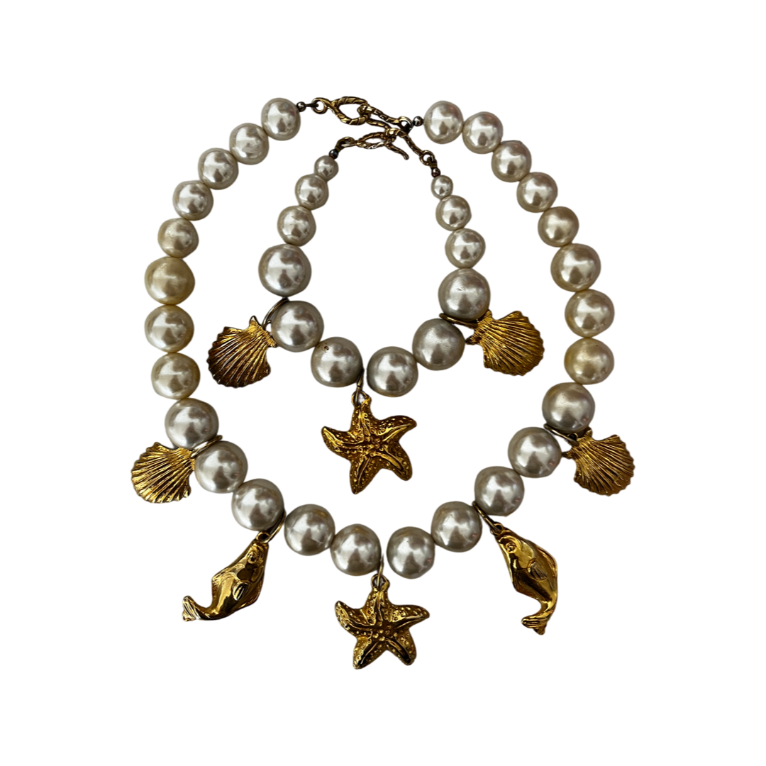 1990s Faux Pearl Shell Necklace and Bracelet Set