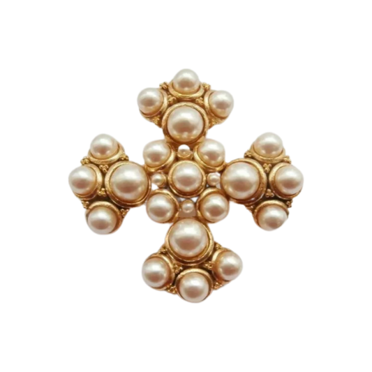 1990s Faux Pearl Maltese Cross Brooch