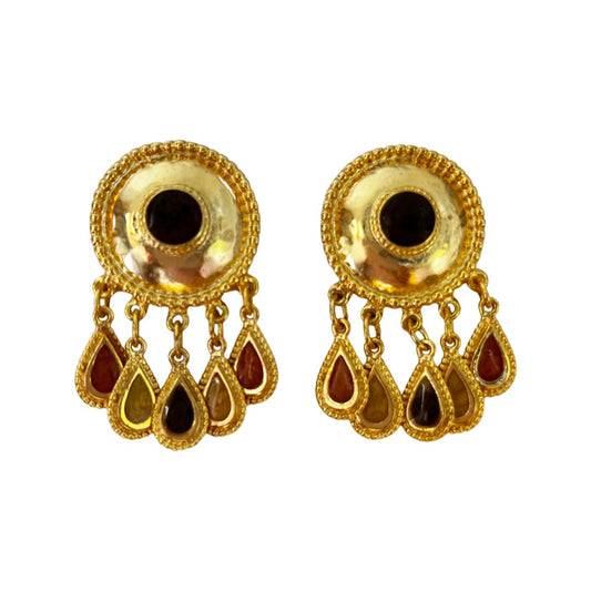 1990s Gold Plated Etruscan Revival Drop Earrings Brown - Clip On