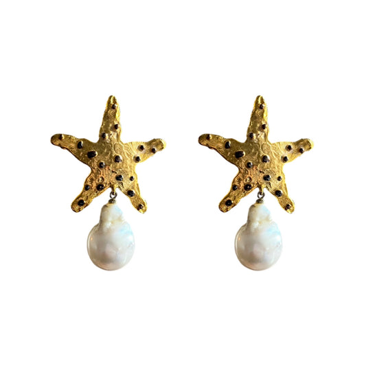 1990s Large Starfish Earrings with Pearl Drop - Post