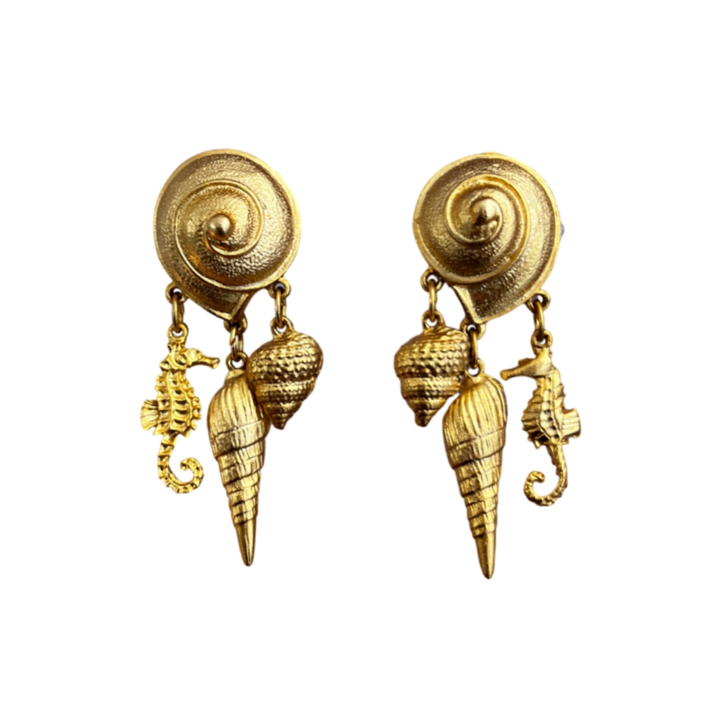 1990s Gold Plated Shell Dangle Earrings - Clip on