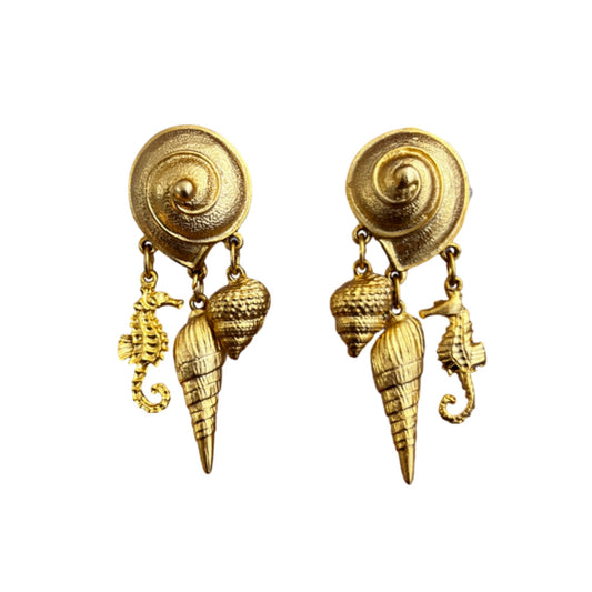 1990s Gold Plated Shell Dangle Earrings - Clip on