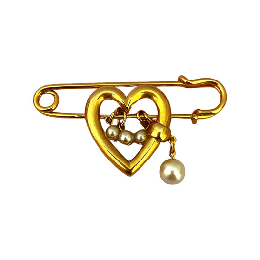 1990s Heart and Faux Pearl Dangle Pin Brooch