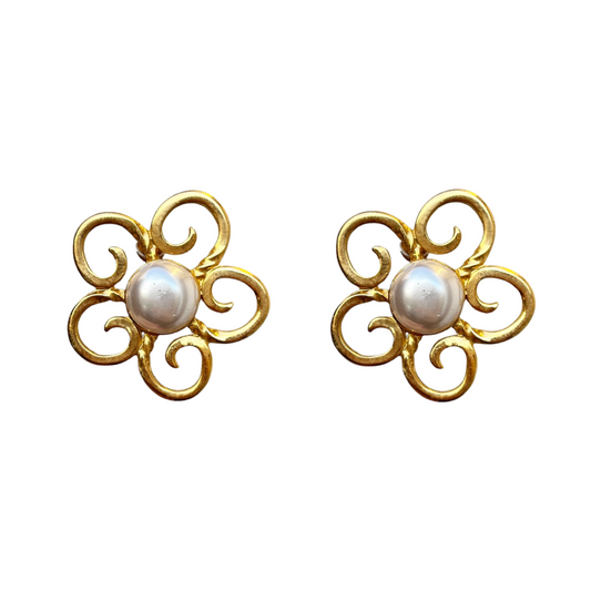 1990s Flower and Faux Pearl Earrings - Post