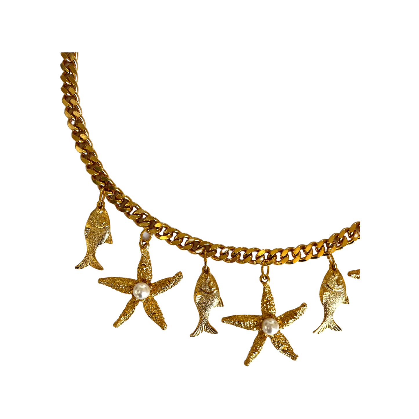 1980s Gold Plated Nautical Starfish & Fish Necklace