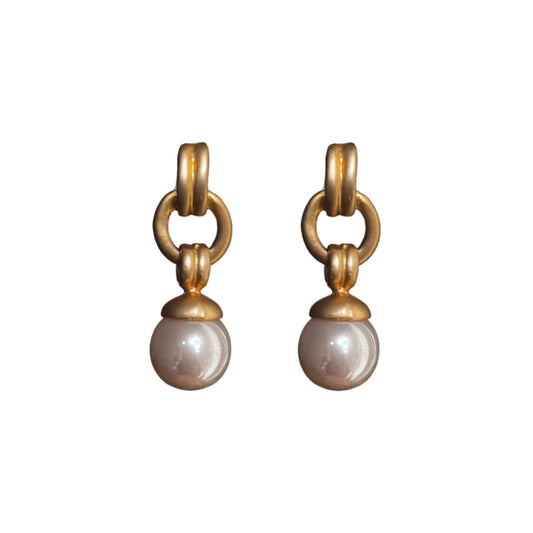 1980s Brushed Gold and  Faux Pearl Drop Earrings - Post