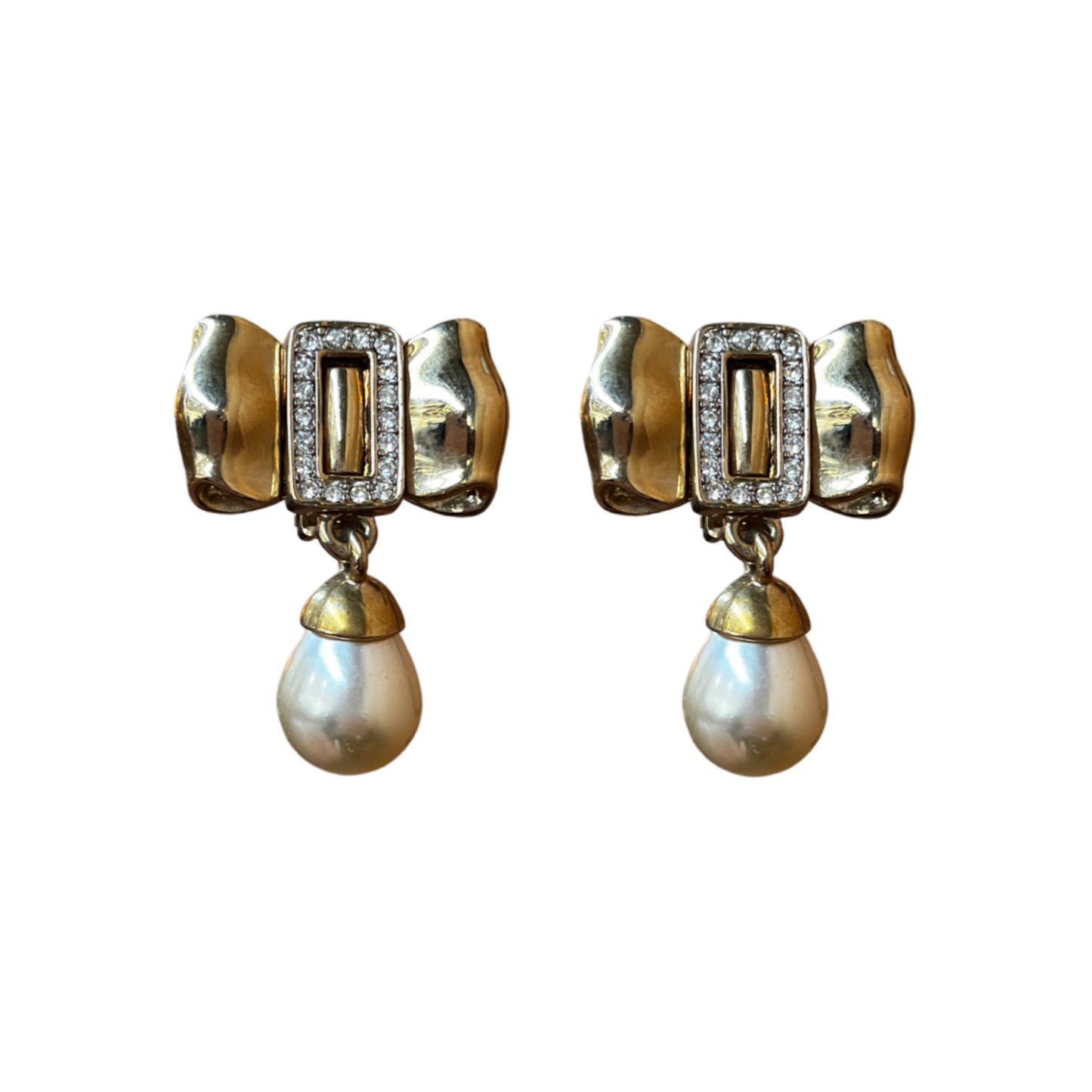 1980s Bow and Faux Pearl Drop Earrings - Clip on